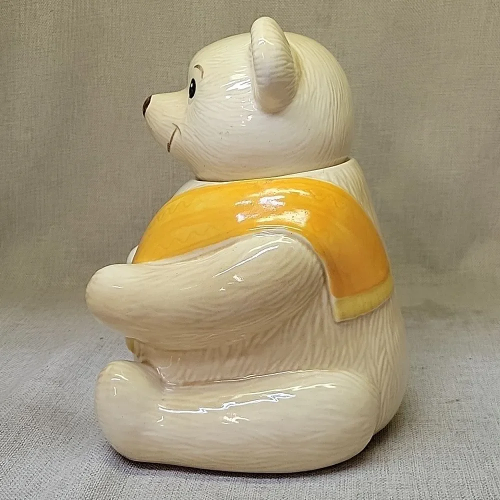 Vintage Metlox Porcelain Bear Cookie Jar‎ Yellow/ Cream With Scarf